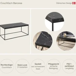ACTONA GROUP Couchtisch »Barossa, Wohnzimmertisch, Sofatisch, Steinoptik, rechteckig« Moderner Scandi-Stil, schwarze Stahlgestell, Mehrere Varianten