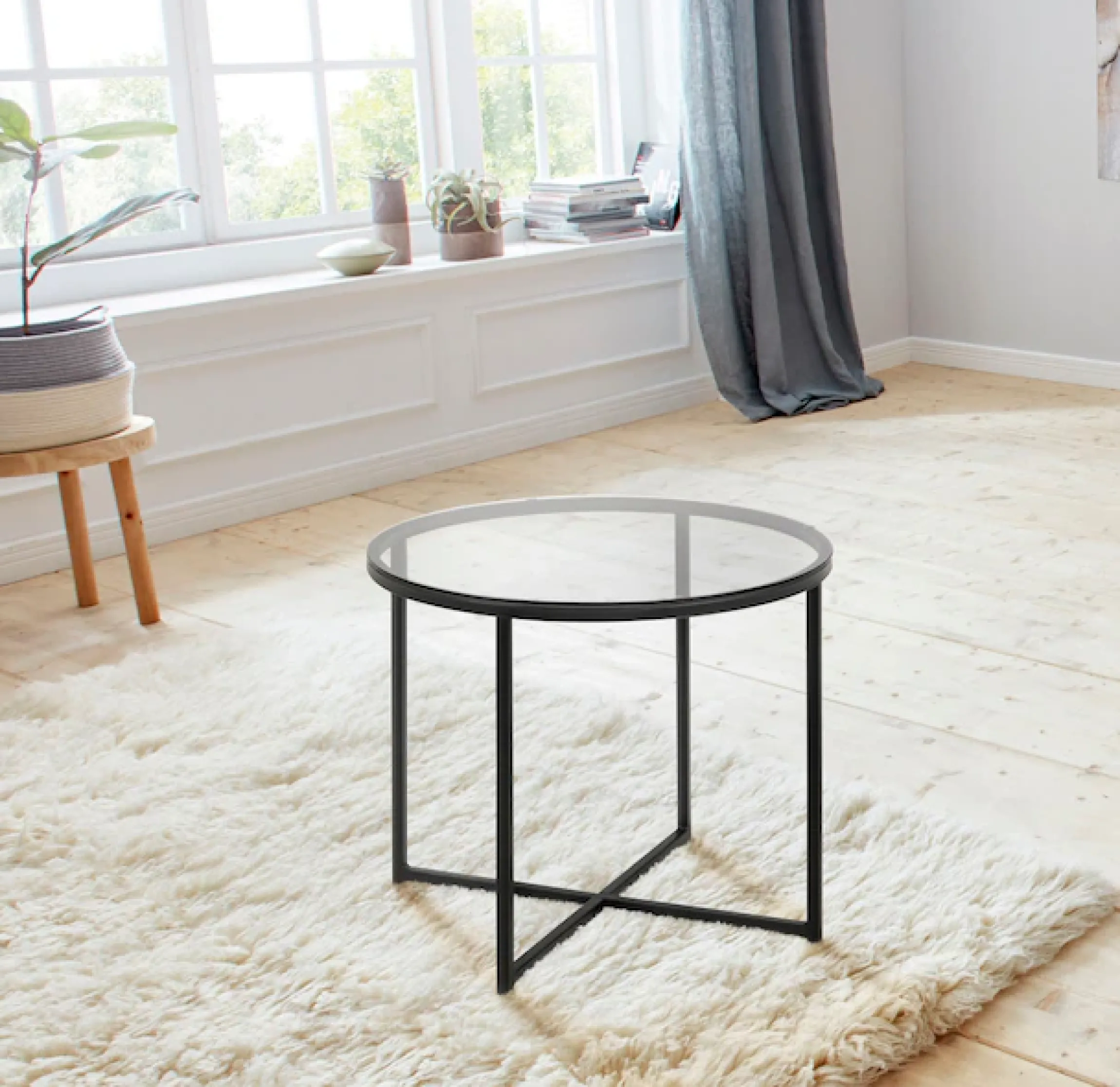 ACTONA GROUP Couchtisch »Conrad, runder Kaffeetisch, Scandi design, B: 55« Couchtisch, Sofatisch, OTTOs Choice,Tischplatte aus gerauchtem Glas, schwarzes Metallgestell, H: 45 cm