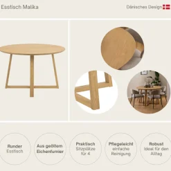 ACTONA GROUP Esstisch »Malika, Runder Tisch, Kreuzfußgestell, furnierter geölter Eiche« Für das Esszimmer, pflegeleicht, Sitzplatz für 4 Personen, Ø: 120 cm