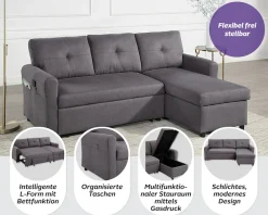 ATLANTIC home collection Schlafsofa »Gustavo L-Form, B: 199 cm, in Cord oder Struktur« mit Schlaffunktion, Bettkasten & seitlichen Taschen