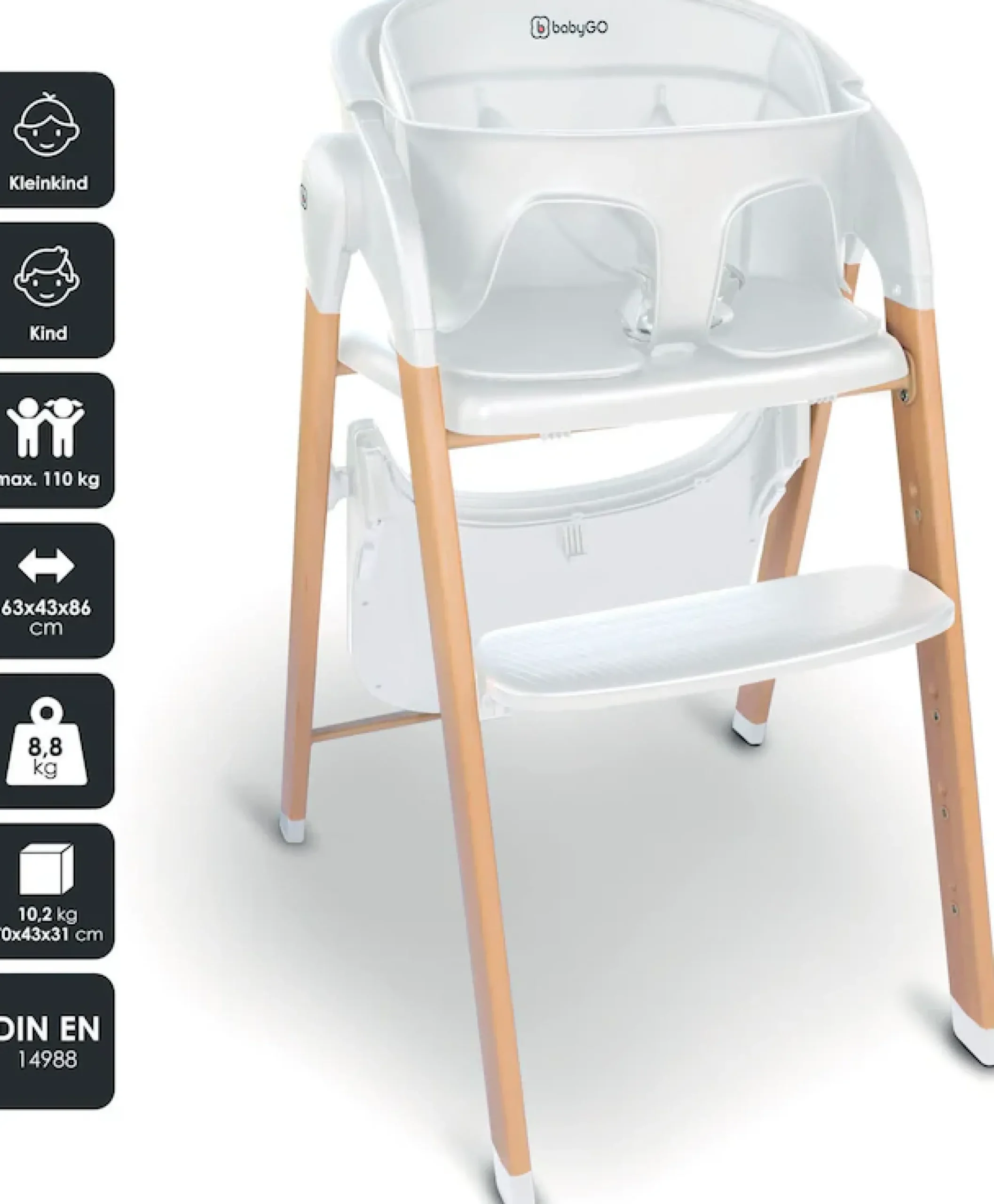 BabyGo Kombihochstuhl »Levels, white wood optic« () platzsparend zusammenklappbar