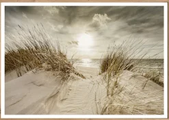 Bönninghoff Bild mit Rahmen »Wandbild gerahmt STRANDSONNE 50x70 cm – Maritime Wanddeko Dünen« Düne | Gräser | Küste | Landschaft | Meer | Natur | Sonnenaufgang & -untergang | Strand 1 Stk. tlg. mit dekorativem Rahmen