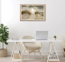 Bönninghoff Bild mit Rahmen »Wandbild gerahmt STRANDSONNE 50x70 cm – Maritime Wanddeko Dünen« Düne | Gräser | Küste | Landschaft | Meer | Natur | Sonnenaufgang & -untergang | Strand 1 Stk. tlg. mit dekorativem Rahmen