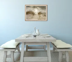 Bönninghoff Bild mit Rahmen »Wandbild gerahmt STRANDSONNE 50x70 cm – Maritime Wanddeko Dünen« Düne | Gräser | Küste | Landschaft | Meer | Natur | Sonnenaufgang & -untergang | Strand 1 Stk. tlg. mit dekorativem Rahmen