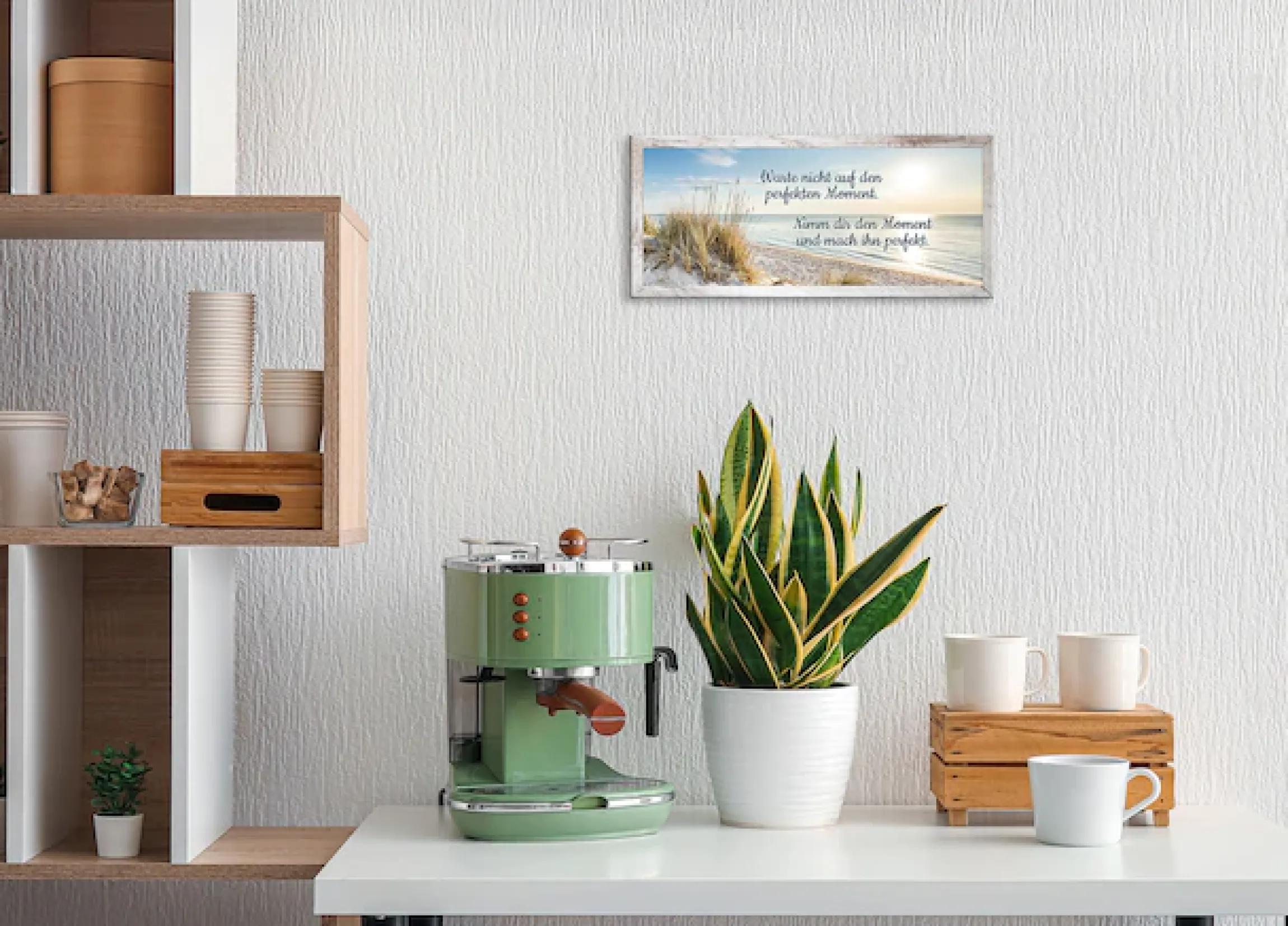 Bönninghoff Bild mit Rahmen »Wandbild gerahmt STRAND MIT SPRUCH MOMENT 23x49 cm – Natur Wanddeko« Bilder vom Sonnenuntergang & -aufgang | Sprüche | Sprüche & Texte | Strand 1 Stk. tlg. mit dekorativem Rahmen