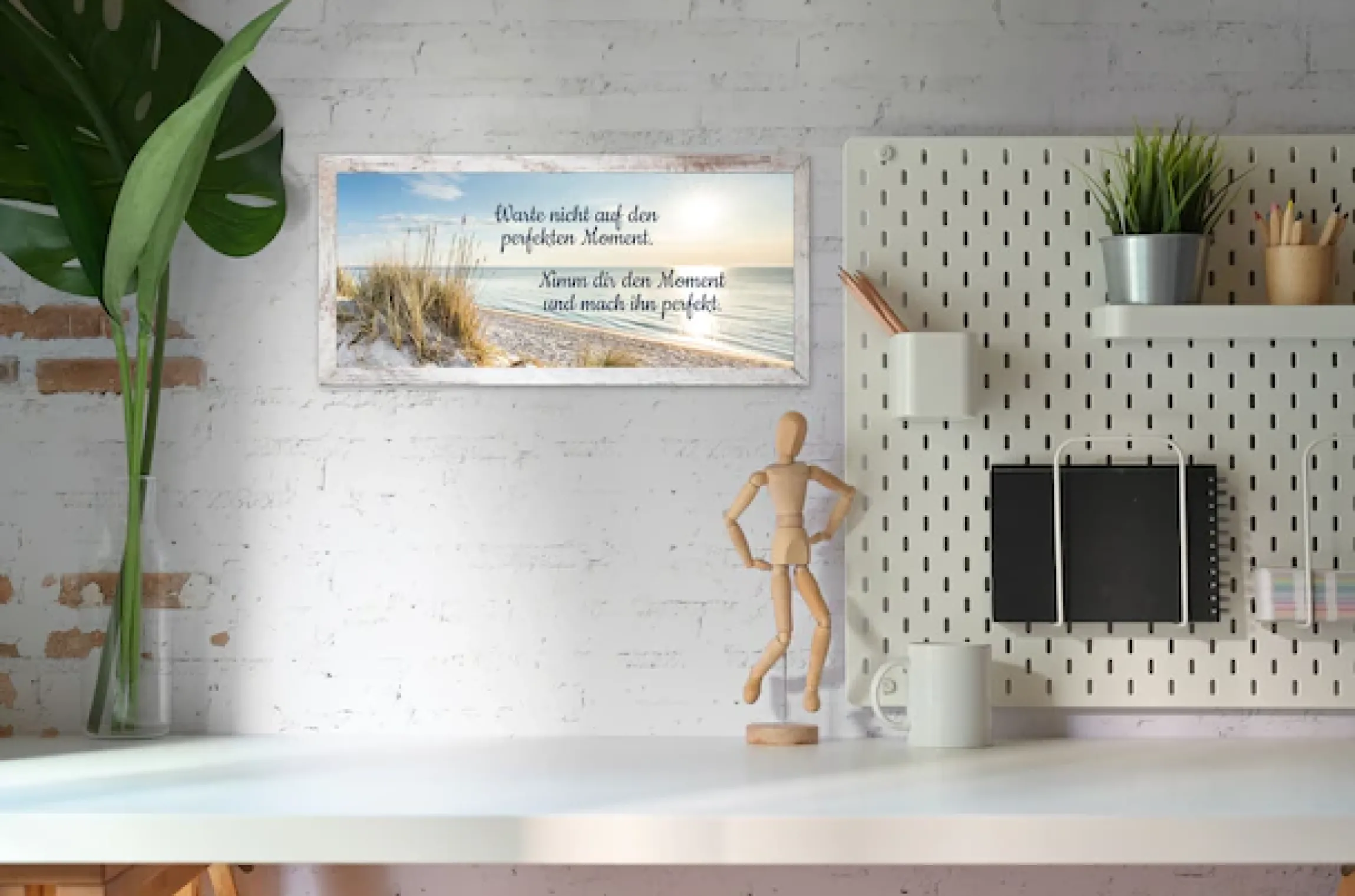 Bönninghoff Bild mit Rahmen »Wandbild gerahmt STRAND MIT SPRUCH MOMENT 23x49 cm – Natur Wanddeko« Bilder vom Sonnenuntergang & -aufgang | Sprüche | Sprüche & Texte | Strand 1 Stk. tlg. mit dekorativem Rahmen
