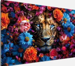 Bönninghoff Leinwandbild »Wandbild LÖWE BLUMENKRANZ 60x90 cm – Leinwandbild Keilrahmen Deko« Blumen | Blumenbilder | Kunst | Löwe | Löwen | Pflanzen | Pflanzenbilder | Raubkatzen