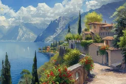 Bönninghoff Leinwandbild »Wandbild STADT AM BERGSEE 60x90 cm – Leinwandbild Keilrahmen Deko« Berge | Gebäude | Italien | Landschaft | Natur | See | Seebilder 1 Stk. tlg. auf Keilrahmen gespannt
