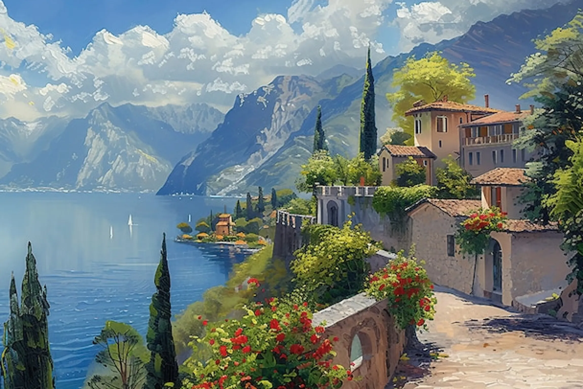 Bönninghoff Leinwandbild »Wandbild STADT AM BERGSEE 60x90 cm – Leinwandbild Keilrahmen Deko« Berge | Gebäude | Italien | Landschaft | Natur | See | Seebilder 1 Stk. tlg. auf Keilrahmen gespannt