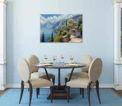 Bönninghoff Leinwandbild »Wandbild STADT AM BERGSEE 60x90 cm – Leinwandbild Keilrahmen Deko« Berge | Gebäude | Italien | Landschaft | Natur | See | Seebilder 1 Stk. tlg. auf Keilrahmen gespannt