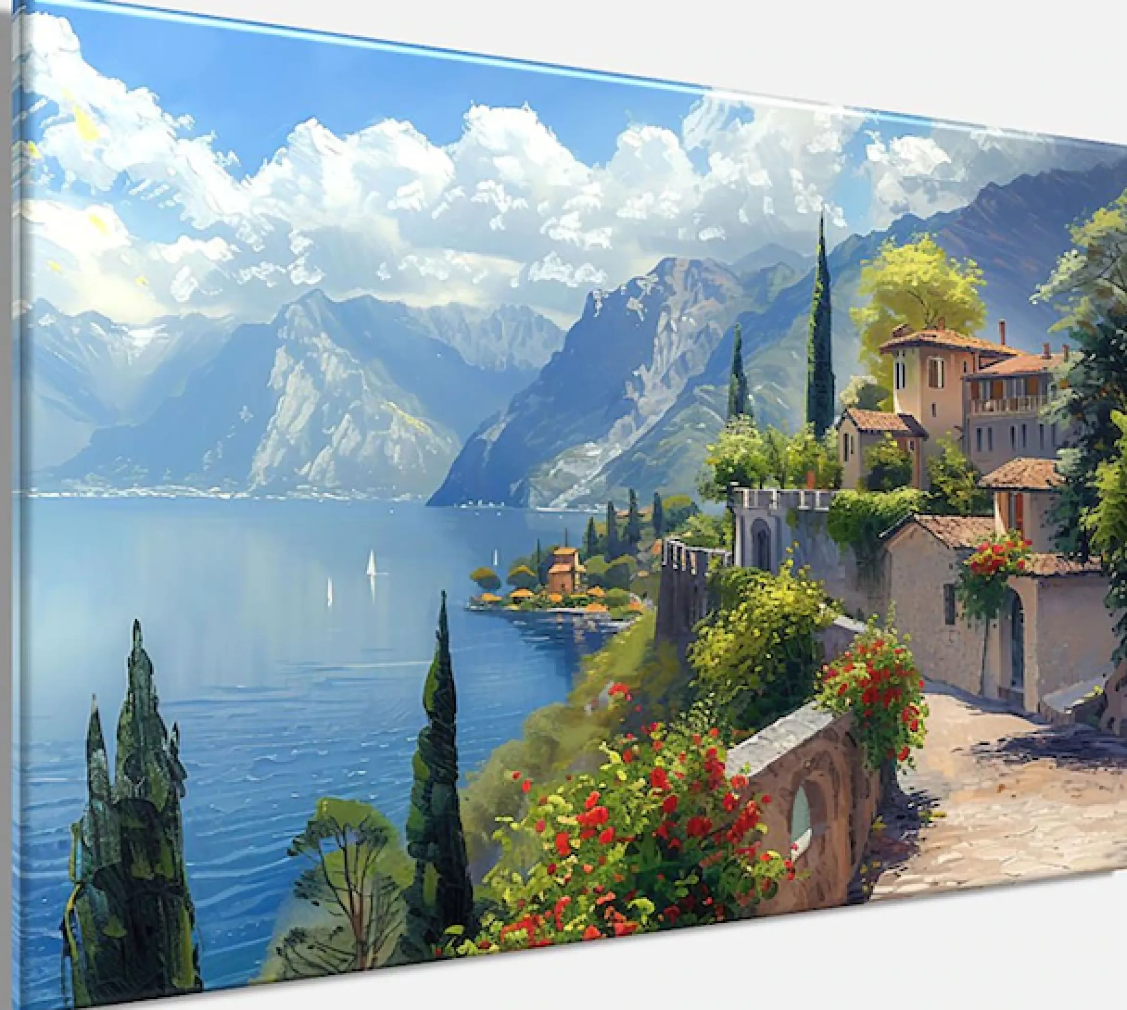 Bönninghoff Leinwandbild »Wandbild STADT AM BERGSEE 60x90 cm – Leinwandbild Keilrahmen Deko« Berge | Gebäude | Italien | Landschaft | Natur | See | Seebilder 1 Stk. tlg. auf Keilrahmen gespannt
