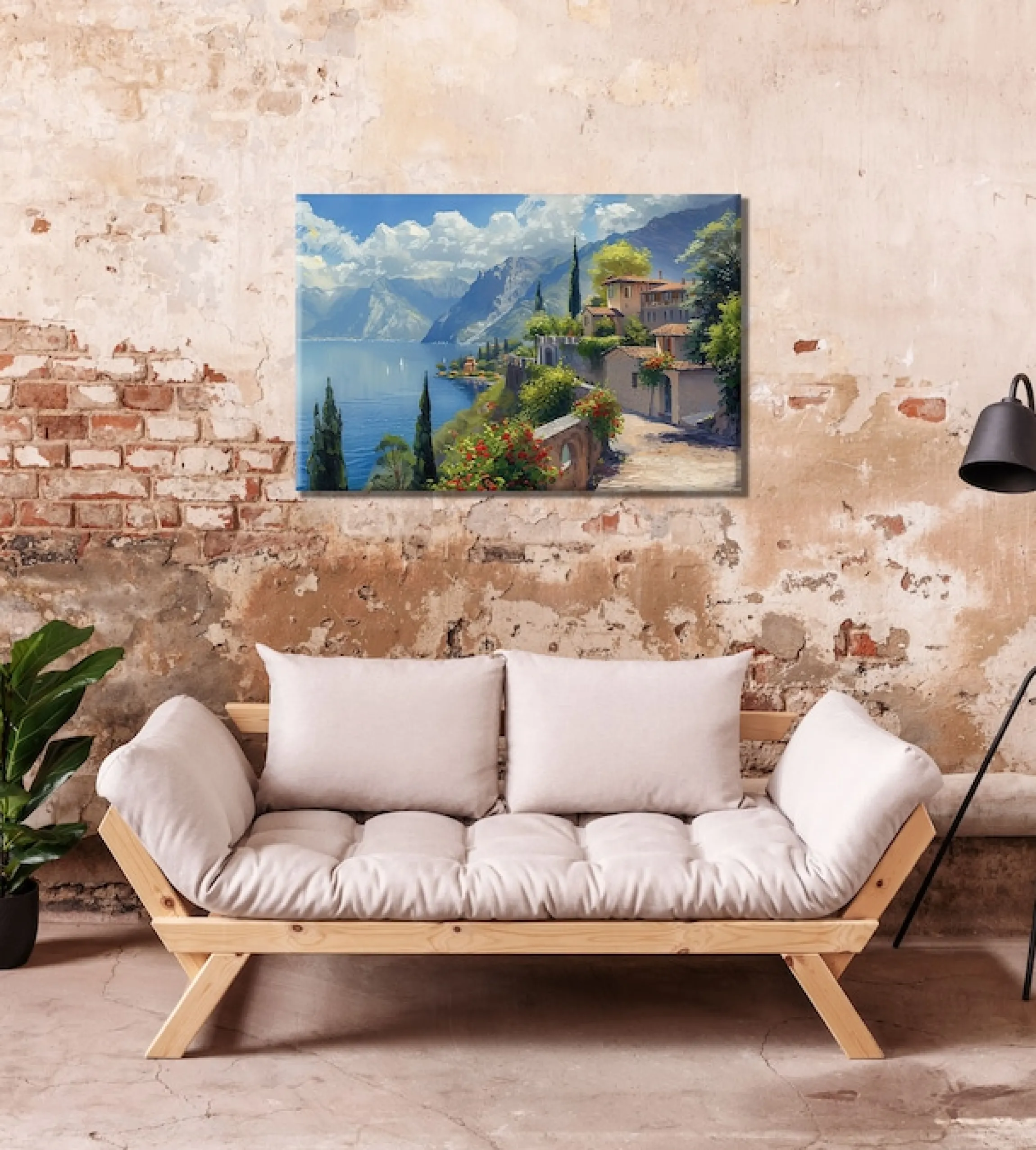 Bönninghoff Leinwandbild »Wandbild STADT AM BERGSEE 60x90 cm – Leinwandbild Keilrahmen Deko« Berge | Gebäude | Italien | Landschaft | Natur | See | Seebilder 1 Stk. tlg. auf Keilrahmen gespannt