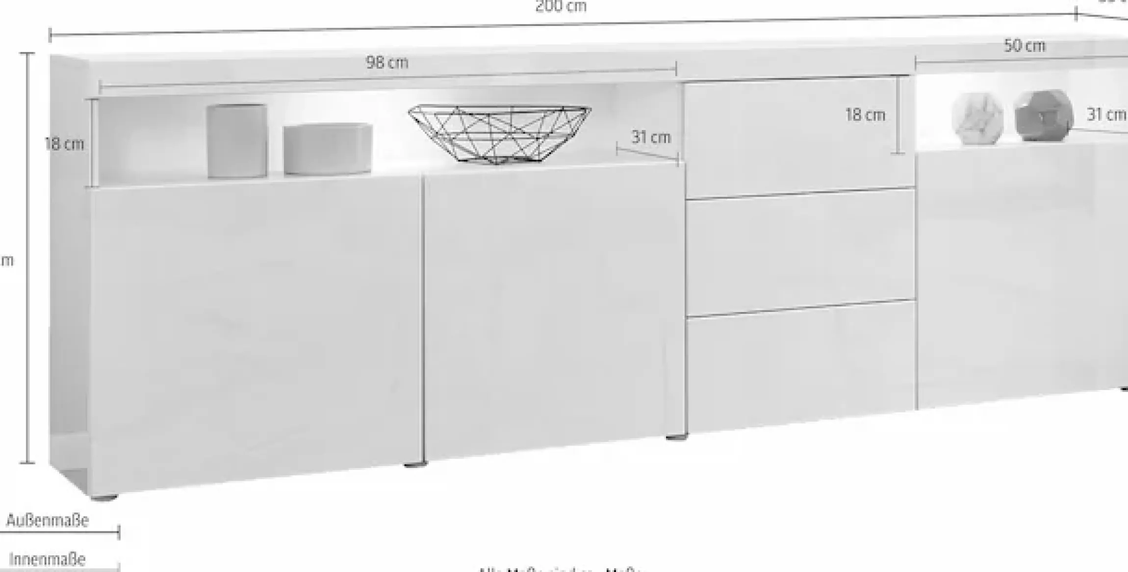 borchardt Möbel Sideboard »Kapstadt, Kommode mit Push-to-open-Funktion, Hochglanz-Dekor« Breite 200cm mit viel Stauraum, 3 Schubfächern und 3 Türen
