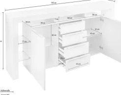 borchardt Möbel Sideboard »Lima, Breite 192cm mit Metallgriffen und Glasböden« Sehr viel Stauraum, 2 Türen, 4 Schubfächer, eleganter Überbau