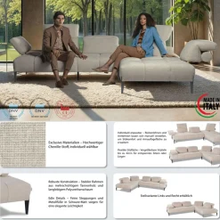 CALIA ITALIA Ecksofa »Skyline, Made in Italy, Design-Sofa, L-Form, mit Sitztiefenverstellung« verstellbare Armlehne und Kopfstütze für maximalen Komfort