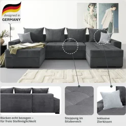 COLLECTION AB Wohnlandschaft »Josy XL U-Form, B: 313 cm in Cord, Cord-Mix« Schlaffunktion, Bettkasten & 2 Zierkissen, Federkern