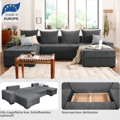 COLLECTION AB Wohnlandschaft »Josy XL U-Form, B: 313 cm in Cord, Cord-Mix« Schlaffunktion, Bettkasten & 2 Zierkissen, Federkern