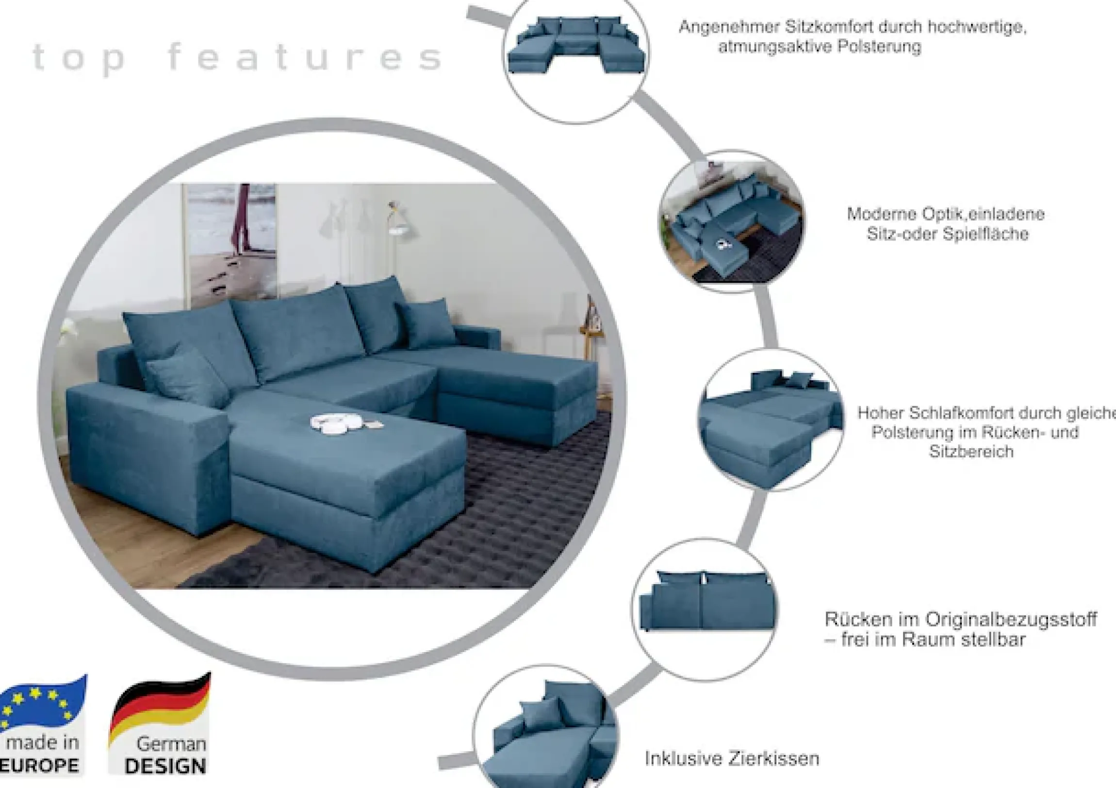 COLLECTION AB Wohnlandschaft »Pico U-Form, B: 252 cm« Schlaffunktion, Bettkasten & 2 Zierkissen