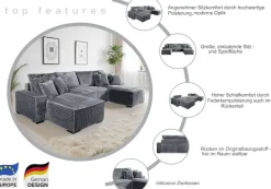 COLLECTION AB Wohnlandschaft »Manhattan U-Form, B: 313 cm, in Breit- oder Normalcord« Schlaffunktion, Bettkasten & Zierkissen, Federkern