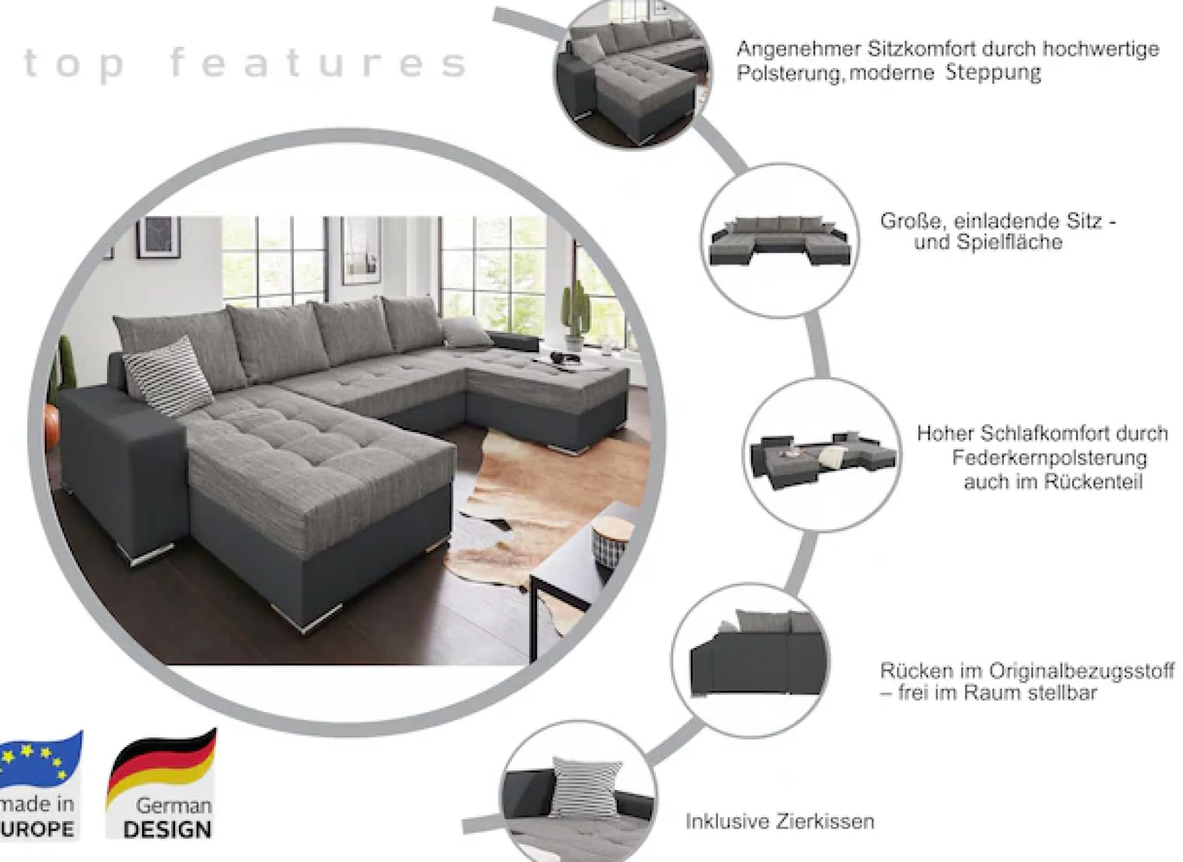 COLLECTION AB Wohnlandschaft »Josy XL U-Form, Breite: 313 cm« Schlaffunktion, Bettkasten & 2 Zierkissen, Federkern