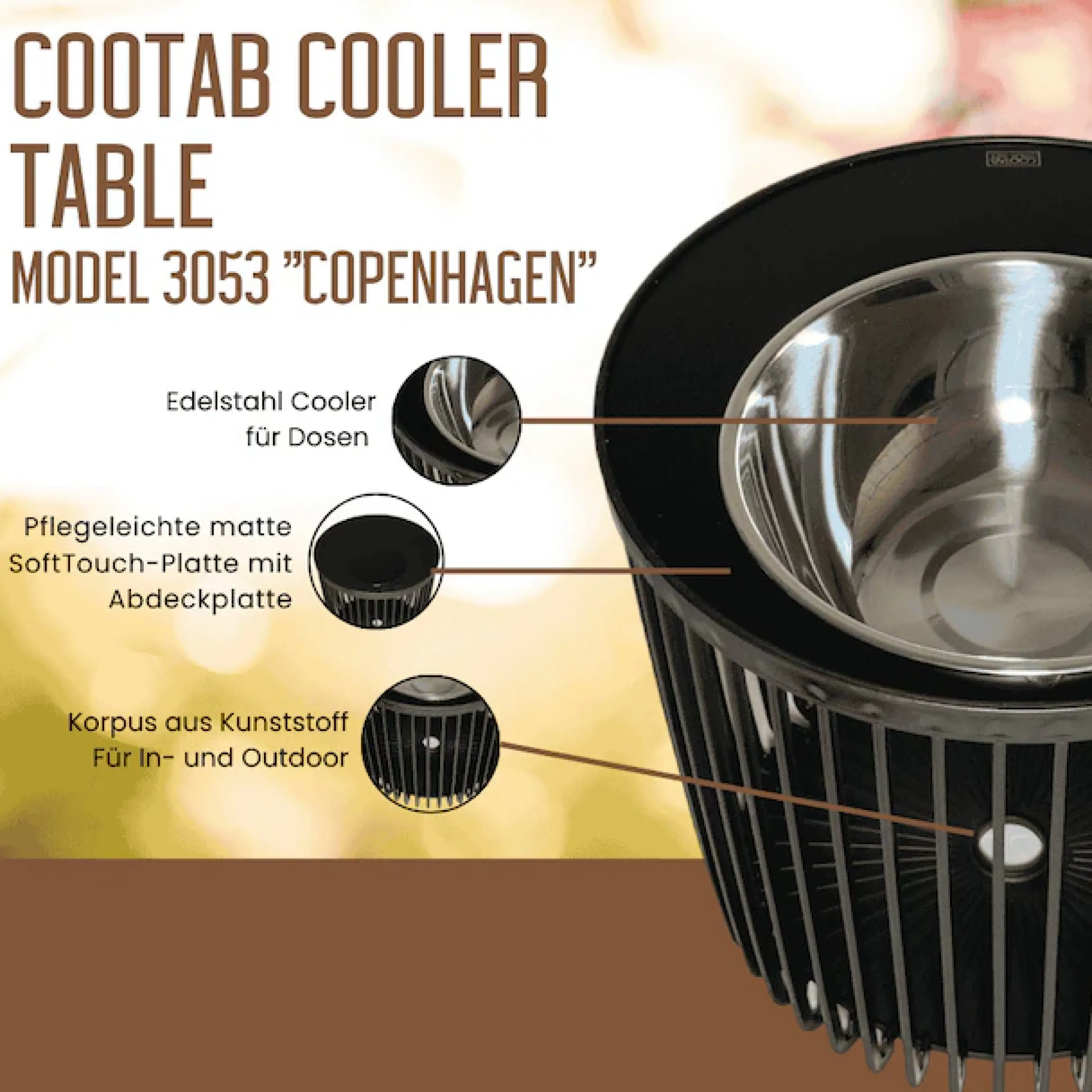 COOTAB Cooler Table Beistelltisch »4-in-1 Loungetisch mit Edelstahl-Kühler Copenhagen 45 cm schwarz« 1 Stk. tlg. Wetterfest, Pflegeleicht, Hitzebeständig, Stapelbar