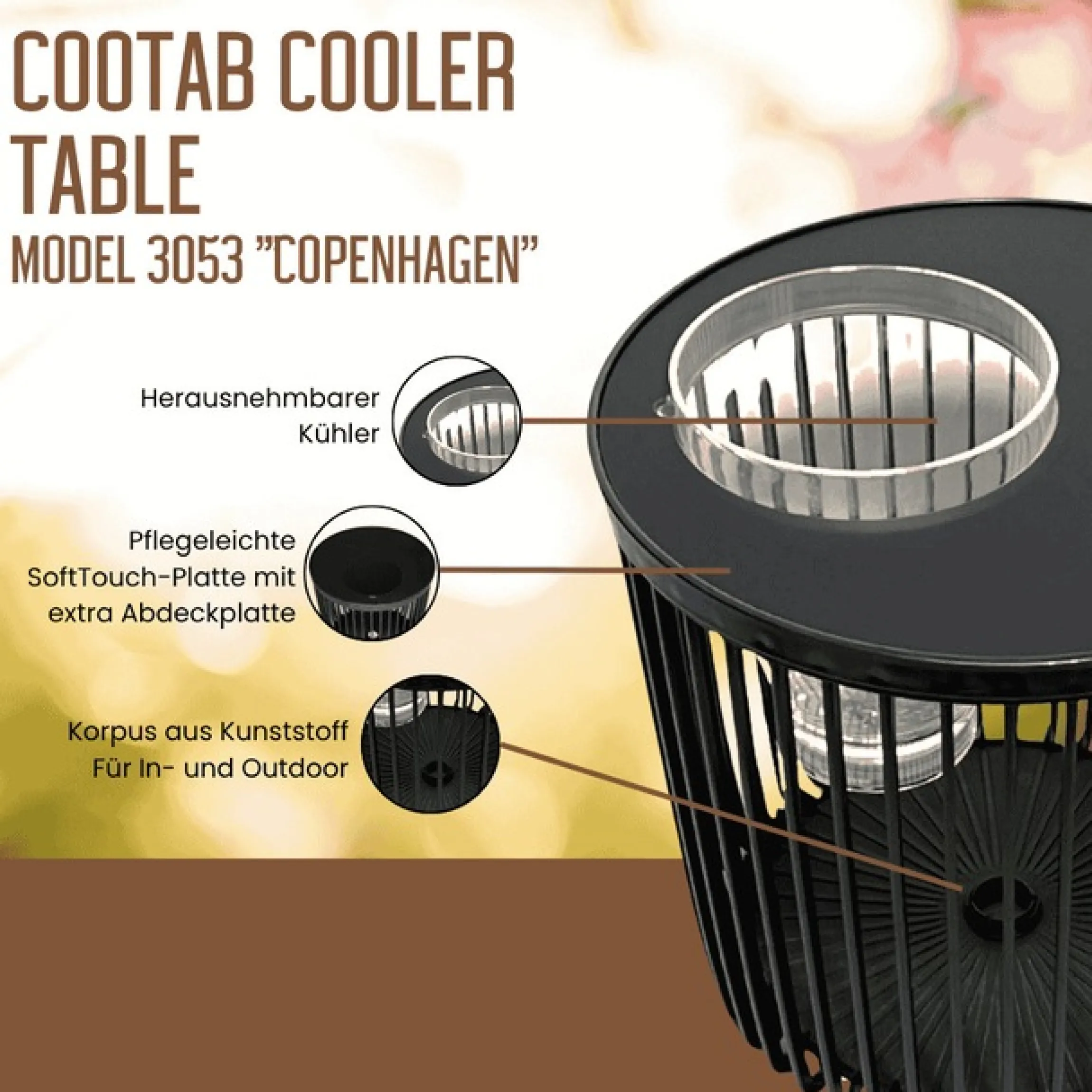 COOTAB Cooler Table Beistelltisch »4-in-1 Loungetisch mit Acryl-Weinkühler Copenhagen 45 cm schwarz« 1 Stk. tlg. Wetterfest, Pflegeleicht, Hitzebeständig, Stapelbar