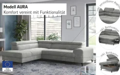 COTTA Ecksofa »Aura L-Form, B: 260 cm, inkl. Schlaffunktion, 3 verstellbare« mit Schlaffunktion, Bettkasten & Kopfteilverstellung