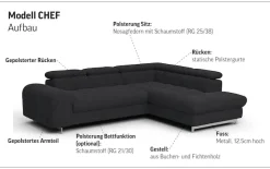 COTTA Ecksofa »Chef bequem, tolle Verarbeitungsdetails, Breite 262cm, L-Form« mit Kopfteilverstellung, edle Metallkufen, optional Schlaffunktion