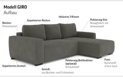 COTTA Ecksofa »Giro L-Form,B: 252 cm, abgerundete Kanten, bequeme Wellenunterfederung« +PUR Schaum, opt. Schlaffunktion + Bettkasten,LF 202x128cm Trendstoffe