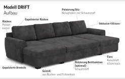COTTA Wohnlandschaft »Drift U-Form Recamiere, Breite 327 cm« optional auch mit Schlaffunktion, Wellenunterfederung