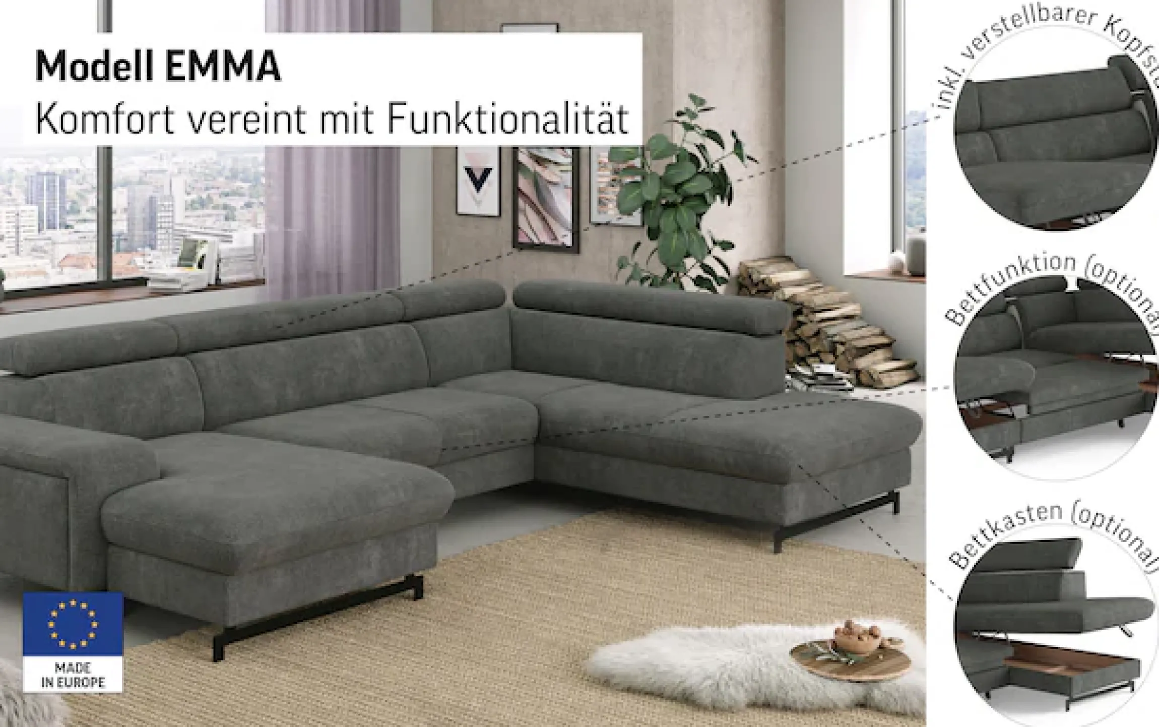 COTTA Wohnlandschaft »Emma U-Form, B: 328 cm« mit Kopfteilverstellung, optional Schlaffunktion & Bettkasten