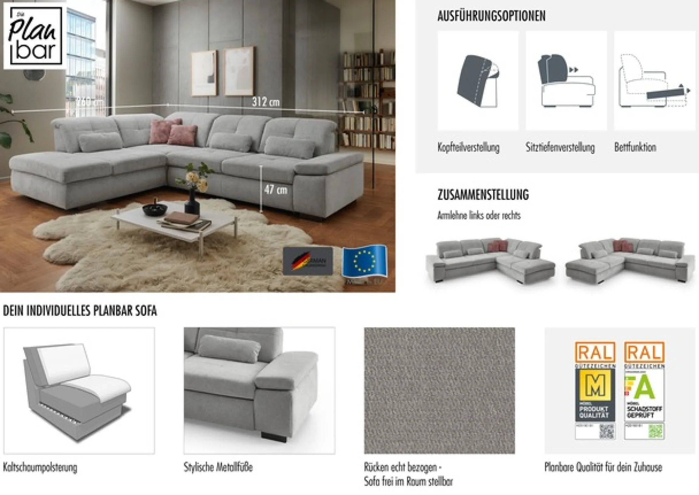 Die PlanBar Ecksofa »MP-IN16012 L-Form Kaltschaum-Polsterung« inkl. Sitztiefenverstellung, optional mit Funktionen
