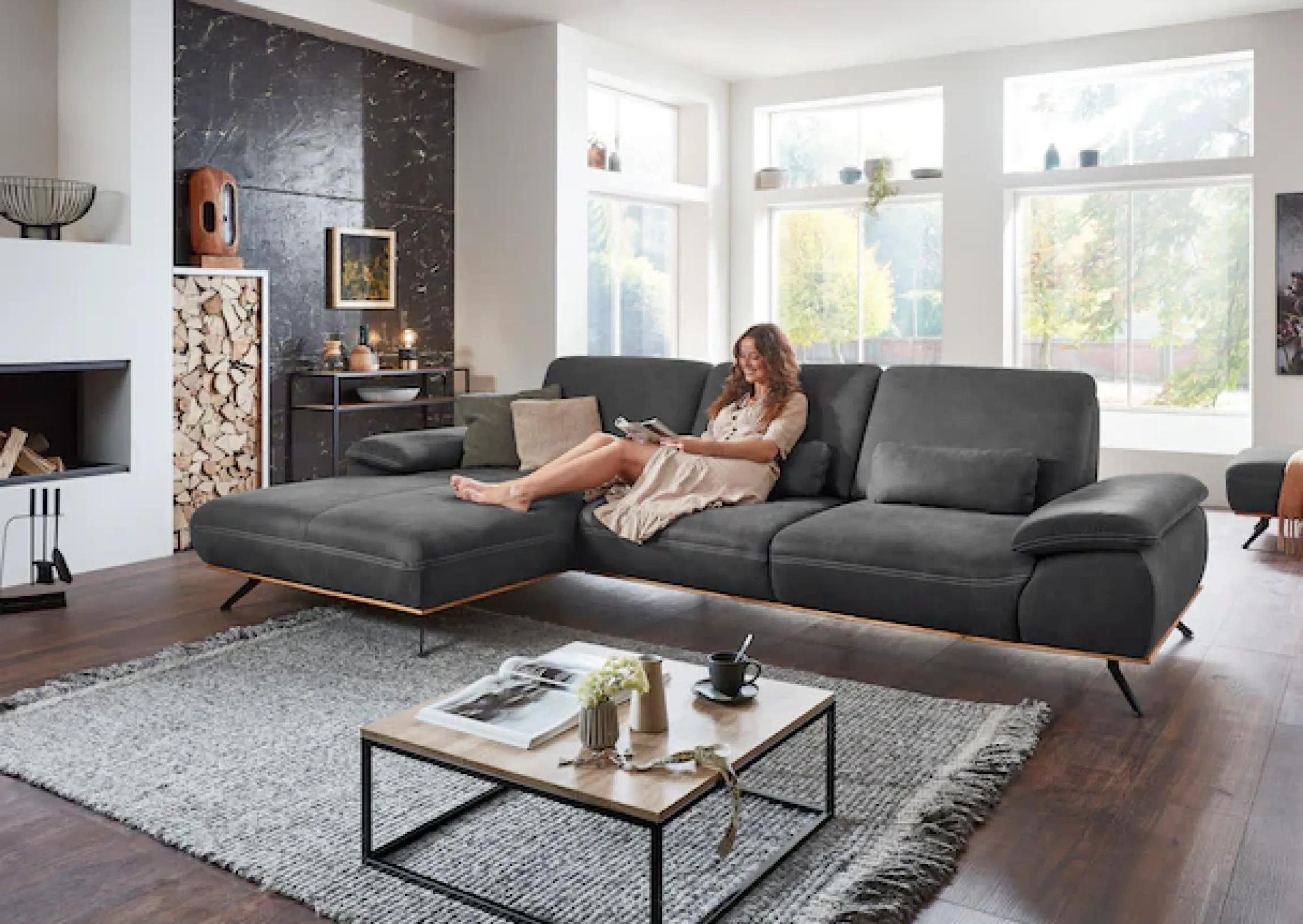 Die PlanBar Ecksofa »PN-EM18063 L-Form, B: 322 cm« wahlweise mit echt bezogenem Rücken und Sitztiefenverstellung