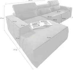 DOMO collection Ecksofa »BRANDON289x177 cm, belastbar bis 140 kg/Sitz, L-Form« mit Sitztiefenverstellung, Luxus-Microfaser, dunkelgrau