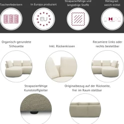 DOMO collection Ecksofa »Lumin, B/T: 267/170 cm, abgerunde Form, charmantes Design, cozy chic« Mit Federkern und 5 Rückenkissen ausgestattet