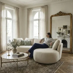 DOMO collection Ecksofa »Lumin, B/T: 267/170 cm, abgerunde Form, charmantes Design, cozy chic« Mit Federkern und 5 Rückenkissen ausgestattet