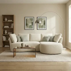 DOMO collection Ecksofa »Lumin, B/T: 267/170 cm, abgerunde Form, charmantes Design, cozy chic« Mit Federkern und 5 Rückenkissen ausgestattet
