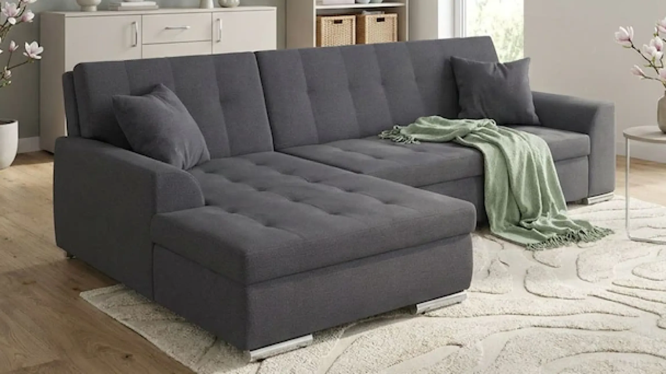 DOMO collection Ecksofa »TREVISO viele Bezüge, auch in Cord, L-Form, 267x178 cm« wahlw. mit Bettfunktion, inkl. Zierkissen, Unser Dauertiefpreis
