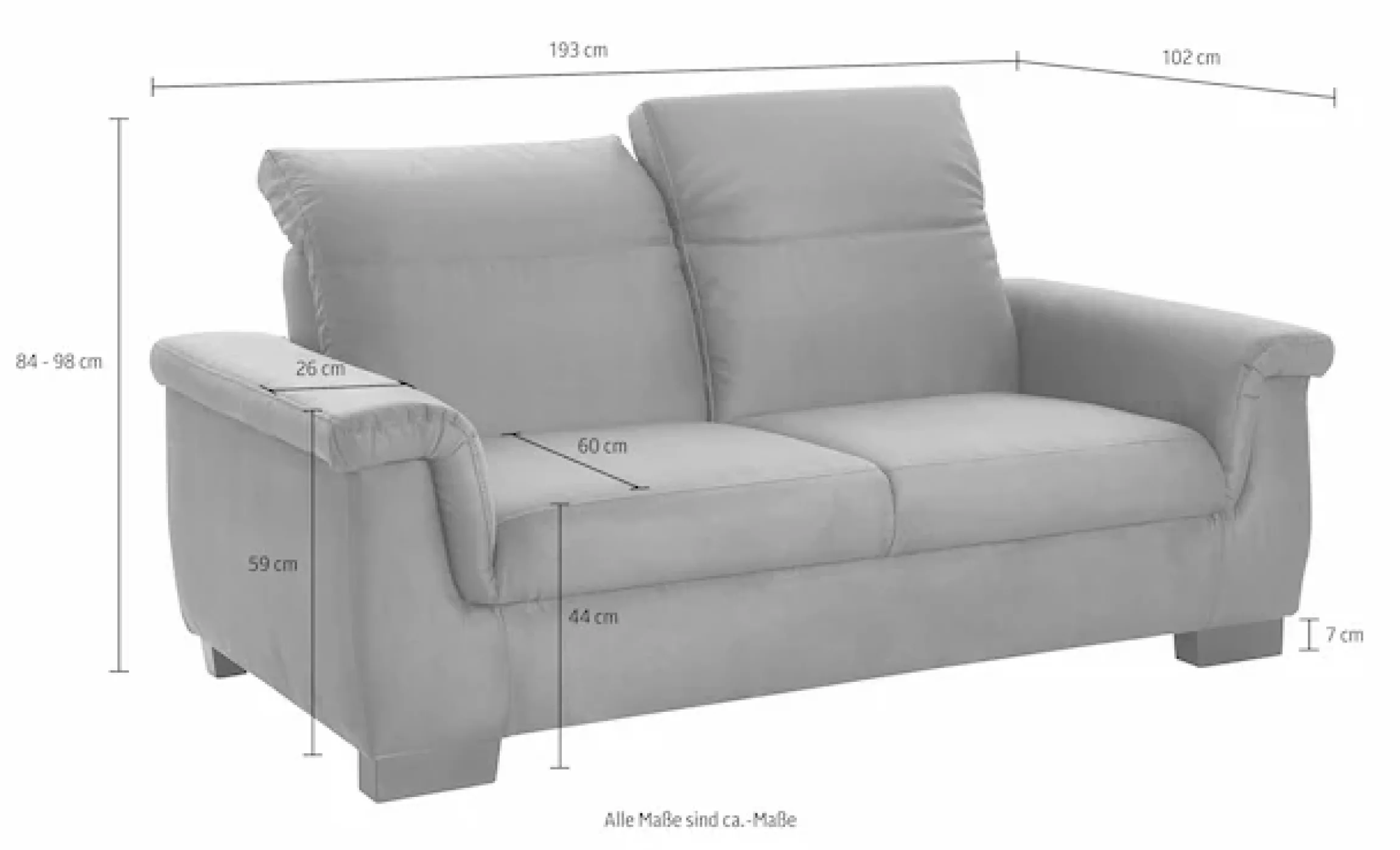 DOMO collection 2-Sitzer »Sully bequem, Breite 193cm, elegant und zeitlos, Fuß 7cm hoch« wahlweise mit Rückenverstellung
