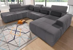 DOMO collection Wohnlandschaft »BRANDON belastbar bis 140 kg/Sitz, 359x228 cm, U-Form« ohne Sitztiefenverstellung, Luxus-Microfaser, dunkelgrau