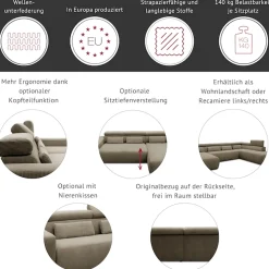 DOMO collection Wohnlandschaft »BRANDON belastbar bis 140 kg/Sitz, 359x228 cm, U-Form« ohne Sitztiefenverstellung, Luxus-Microfaser, dunkelgrau