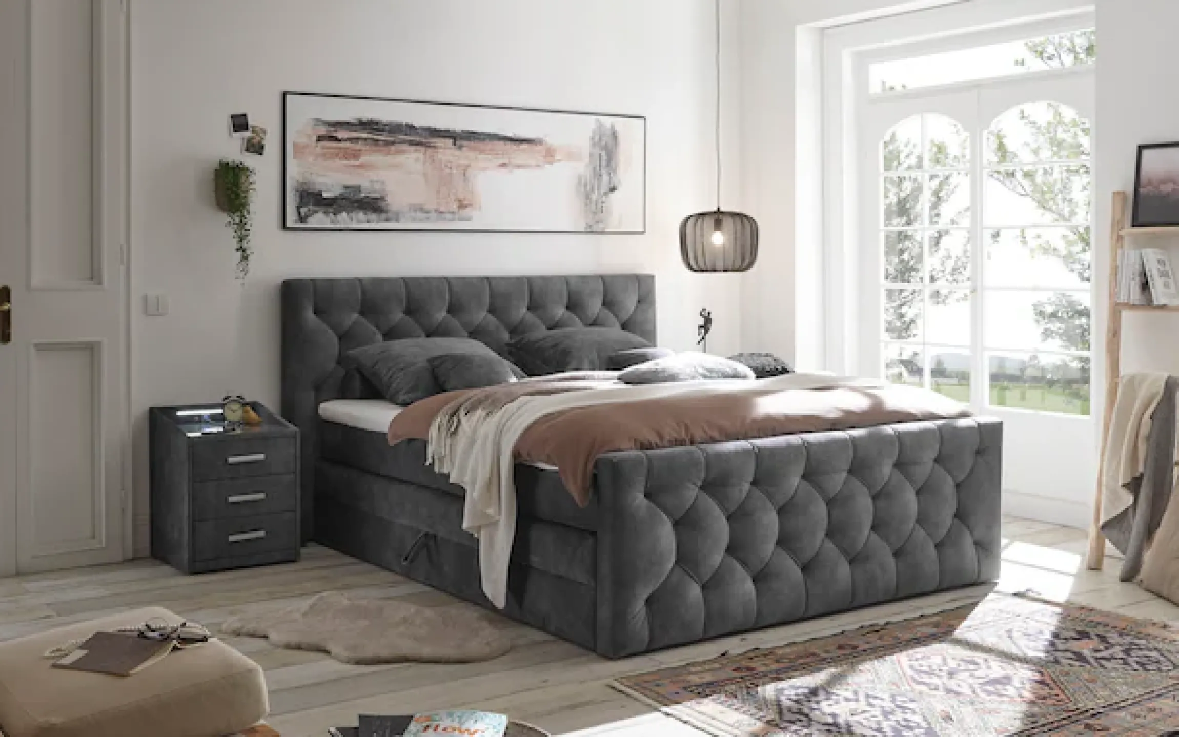 ED EXCITING DESIGN Boxspringbett »CASHFIELD, Doppelbett mit Bettkasten und Taschenfederkernmatratze H3« mit 6cm Kaltschaum-Topper mit Klimaband, Microvelours-Bezug,