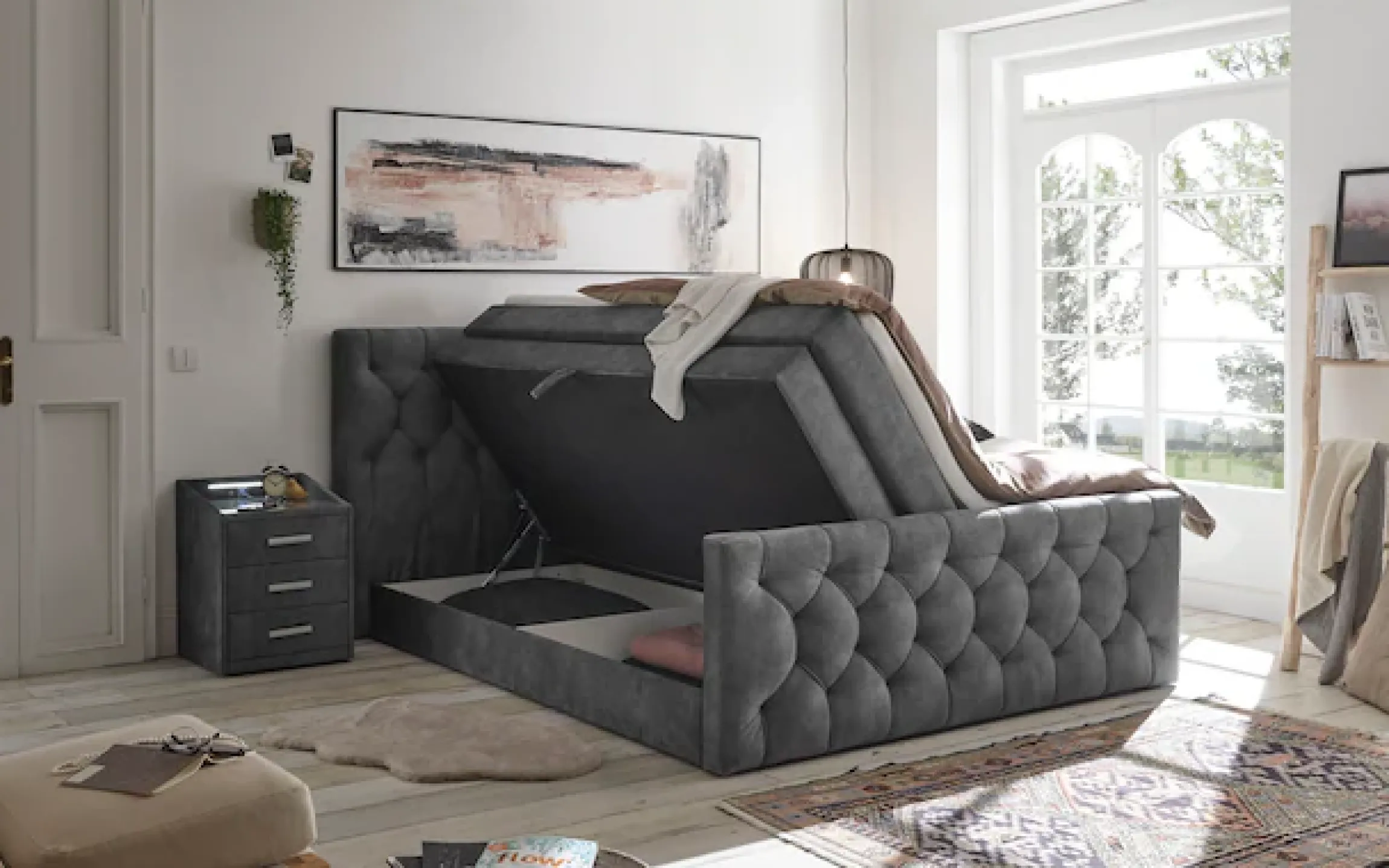 ED EXCITING DESIGN Boxspringbett »CASHFIELD, Doppelbett mit Bettkasten und Taschenfederkernmatratze H3« mit 6cm Kaltschaum-Topper mit Klimaband, Microvelours-Bezug,