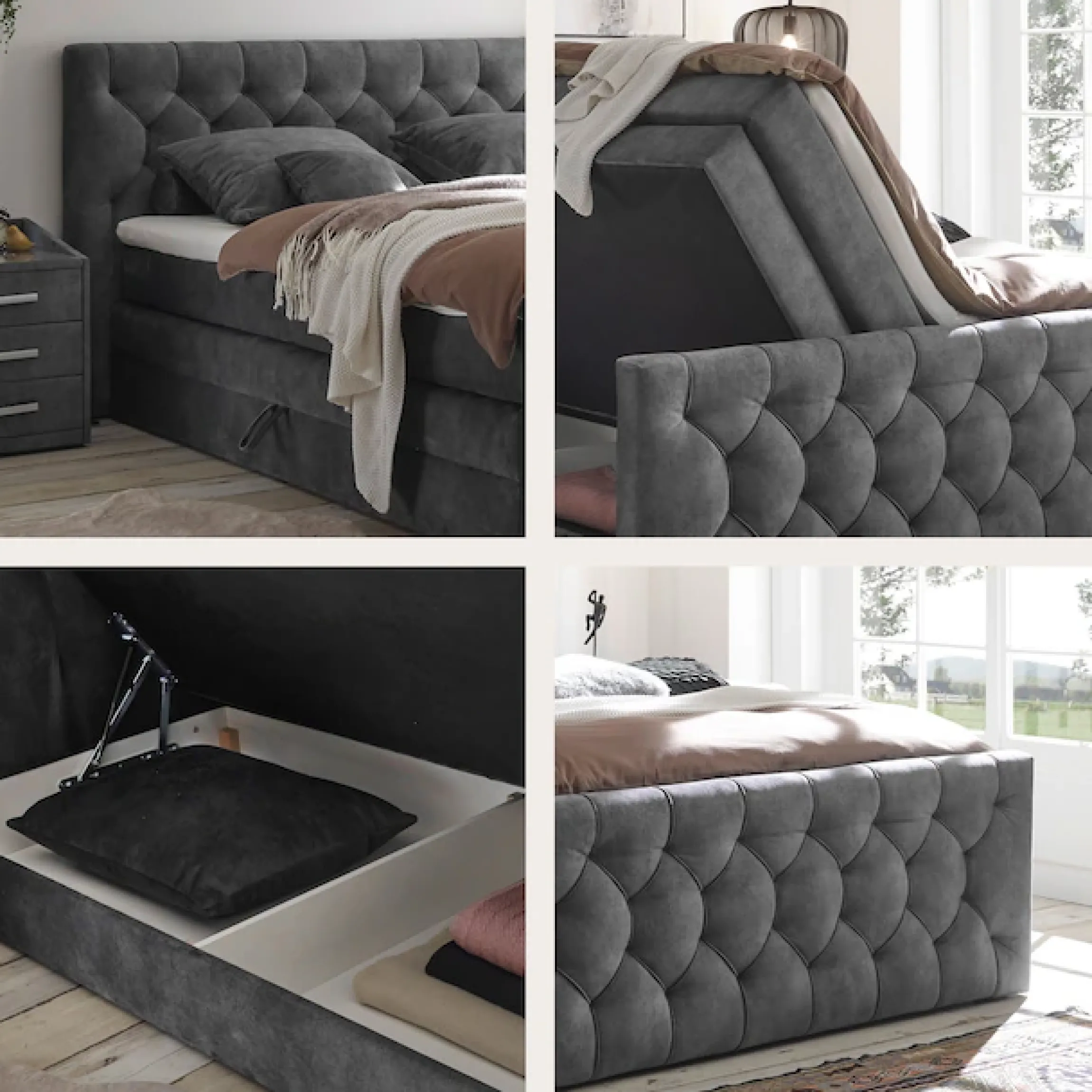 ED EXCITING DESIGN Boxspringbett »CASHFIELD, Doppelbett mit Bettkasten und Taschenfederkernmatratze H3« mit 6cm Kaltschaum-Topper mit Klimaband, Microvelours-Bezug,