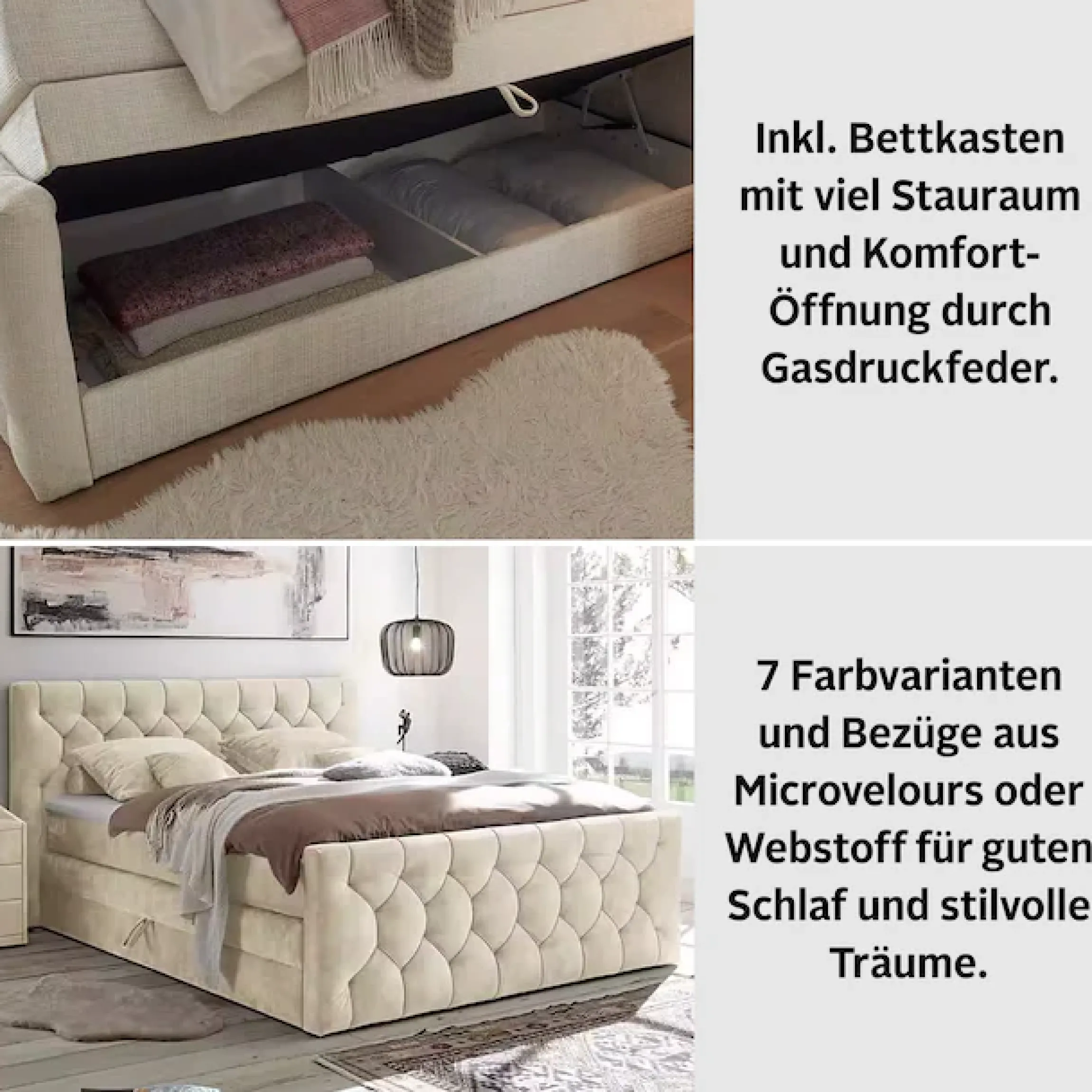 ED EXCITING DESIGN Boxspringbett »CASHFIELD, Doppelbett mit Bettkasten und Taschenfederkernmatratze H3« mit 6cm Kaltschaum-Topper mit Klimaband, Microvelours-Bezug,