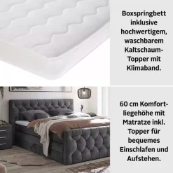 ED EXCITING DESIGN Boxspringbett »CASHFIELD, Doppelbett mit Bettkasten und Taschenfederkernmatratze H3« mit 6cm Kaltschaum-Topper mit Klimaband, Microvelours-Bezug,