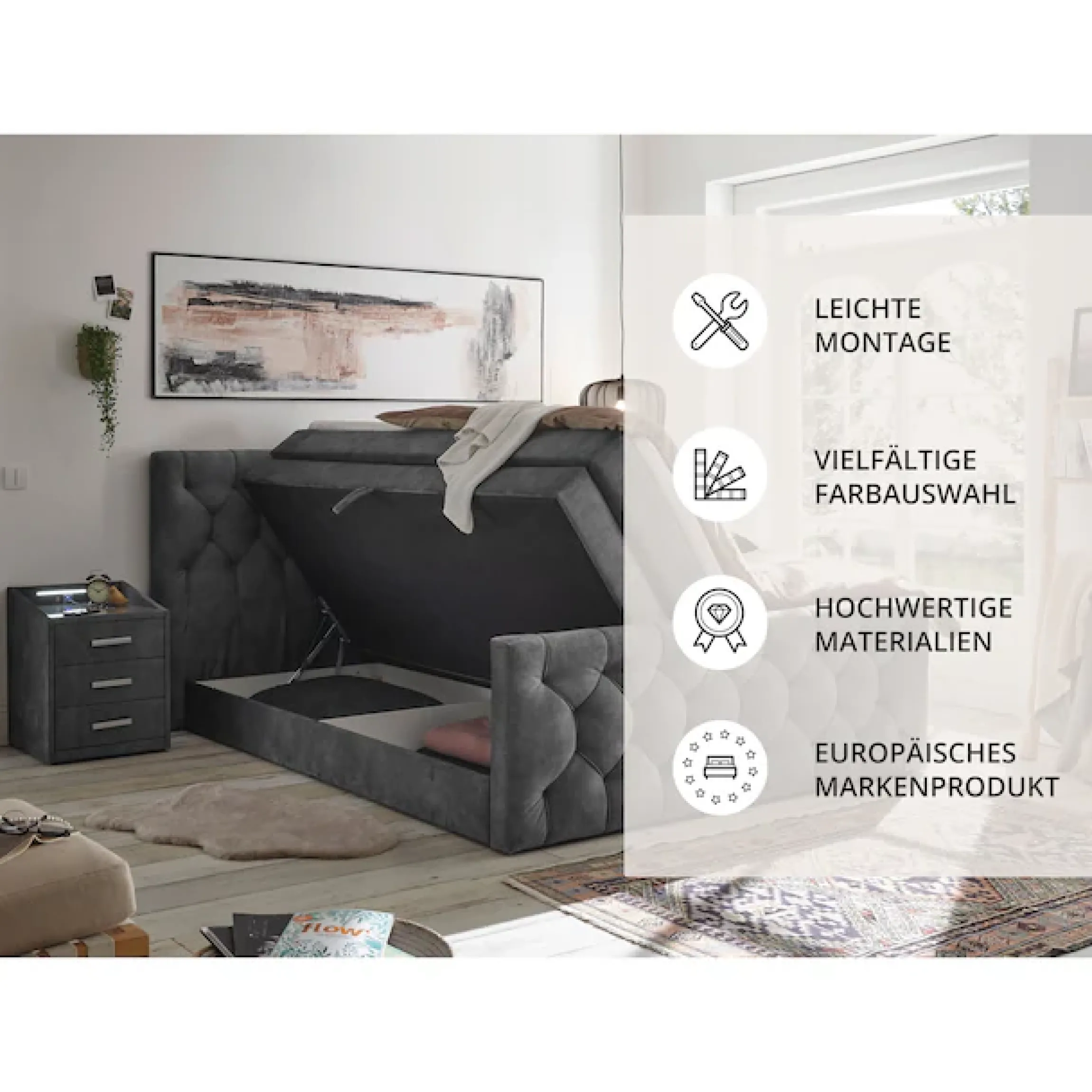 ED EXCITING DESIGN Boxspringbett »CASHFIELD, Doppelbett mit Bettkasten und Taschenfederkernmatratze H3« mit 6cm Kaltschaum-Topper mit Klimaband, Microvelours-Bezug,