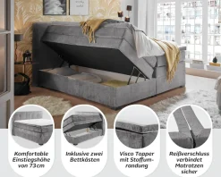 ED EXCITING DESIGN Boxspringbett »FANES, Doppelbett mit Bettkasten und Taschenfederkernmatratze H3« mit 7cm Visco-Topper, hochwertiger Microvelours-Bezug, 180x200cm