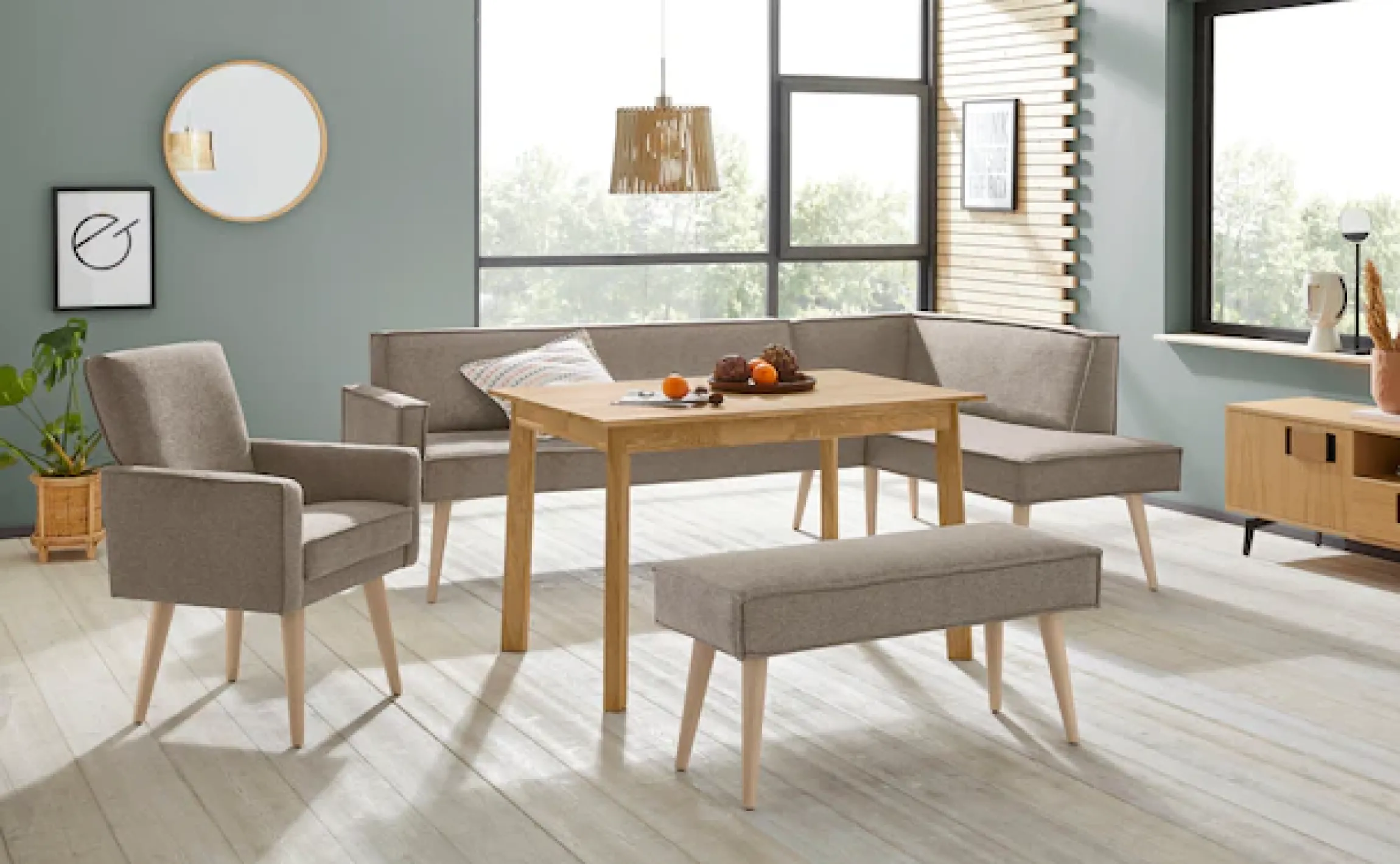 exxpo - sofa fashion Eckbank »Lungo, moderne Kedernaht, bequem und elegant, hoher Holzfuß« hochwertige Detailverarbeitung, frei im Raum stellbar