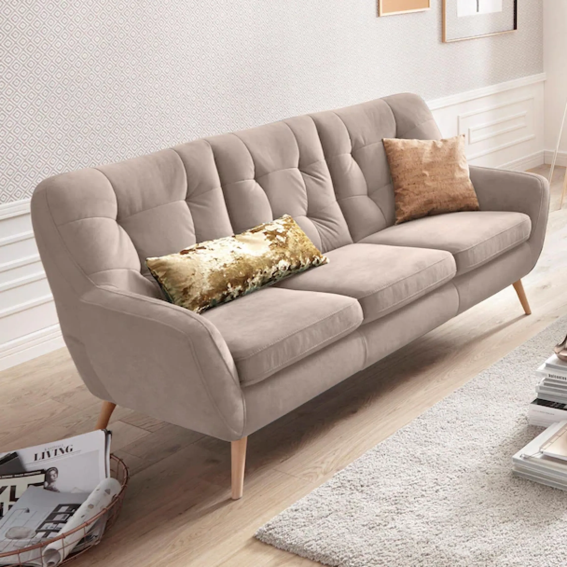 exxpo - sofa fashion 3-Sitzer »Scandi, bequem, aufwendige Rückenpolsterung für mehr Sitzkomfort« aktuelle Farben in hochwertigen Bezugsqualitäten, Holzfuß